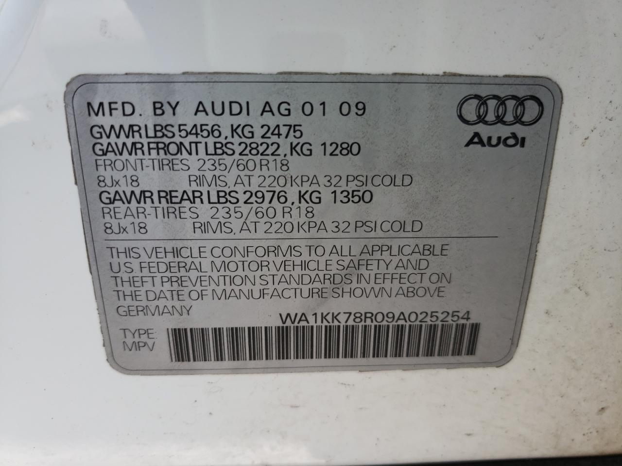 Photo 10 from auction – 2009 AUDI Q5 3.2 with VIN WA1KK78R09A025254