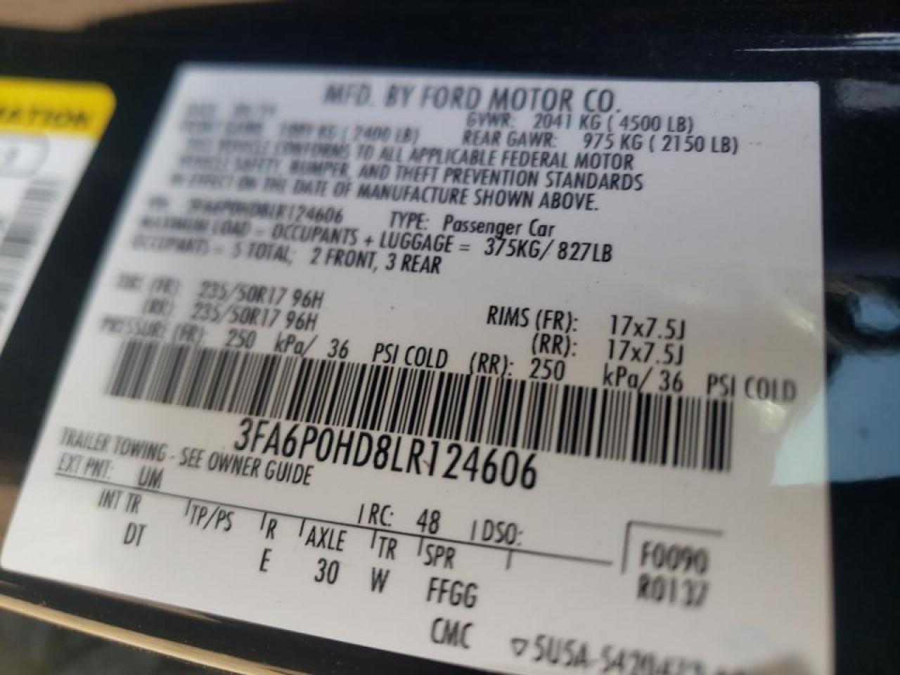 Photo 10 from auction – 2020 FORD FUSION SE with VIN 3FA6P0HD8LR124606
