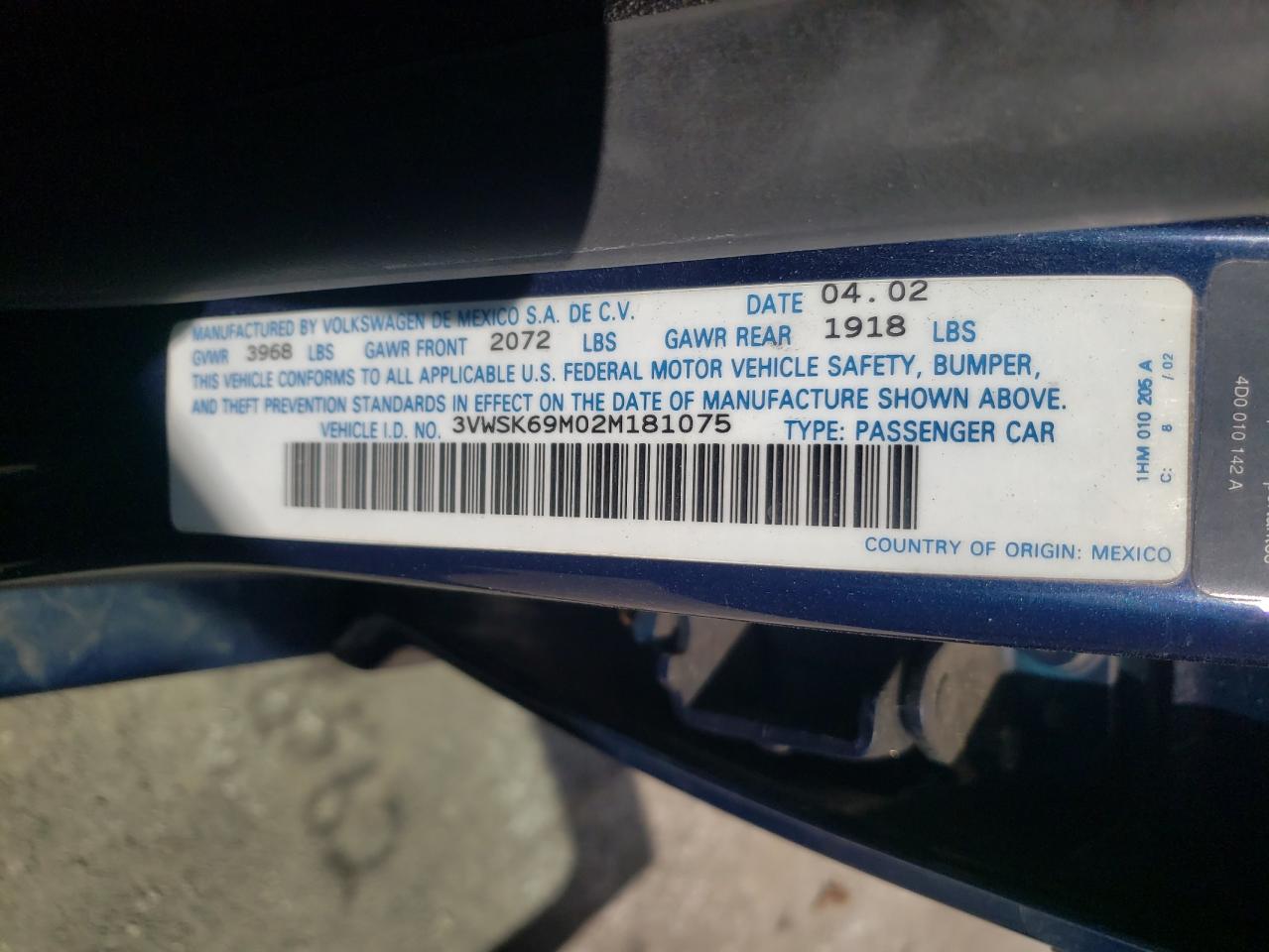 Photo 10 from auction – 2002 VOLKSWAGEN JETTA GLS with VIN 3VWSK69M02M181075