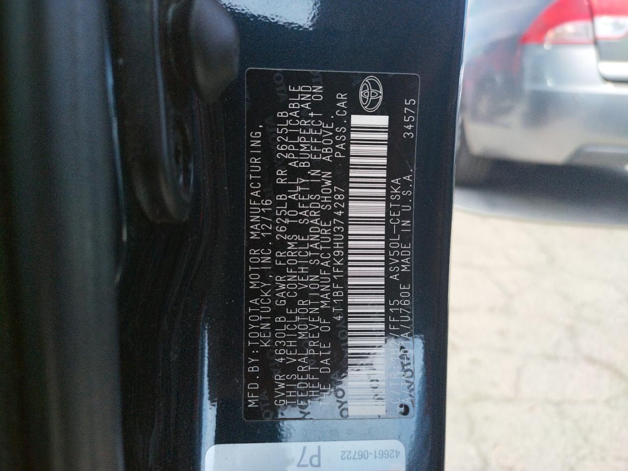 Photo 10 from auction – 2017 TOYOTA CAMRY LE with VIN 4T1BF1FK9HU374287