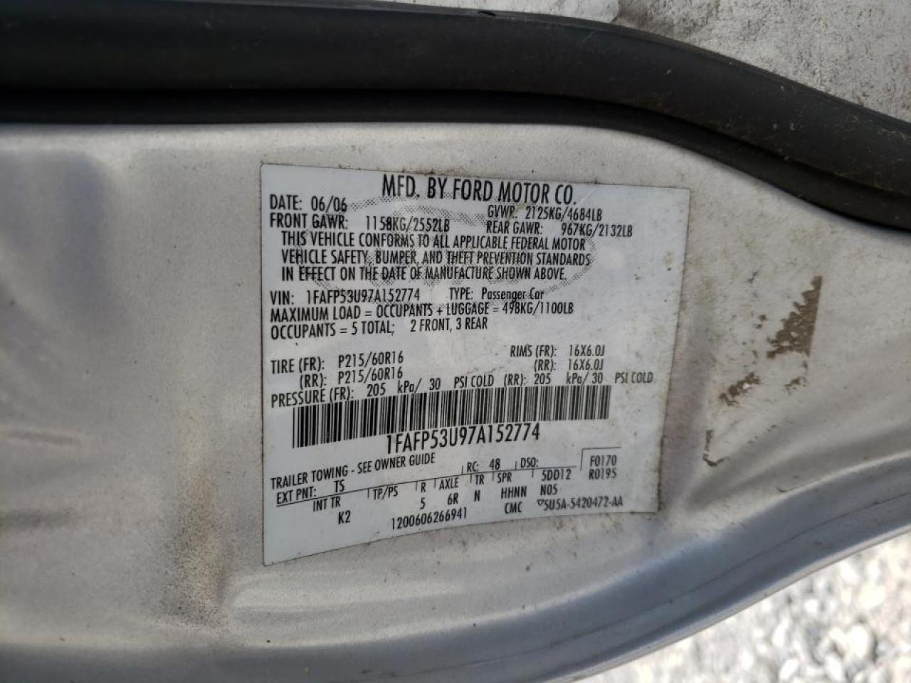 Photo 10 from auction – 2007 FORD TAURUS SE with VIN 1FAFP53U97A152774