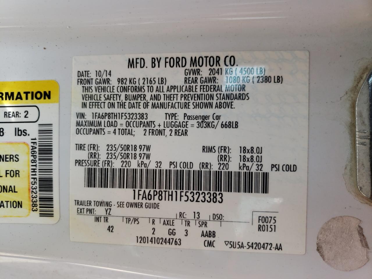 Photo 10 from auction – 2015 FORD MUSTANG with VIN 1FA6P8TH1F5323383
