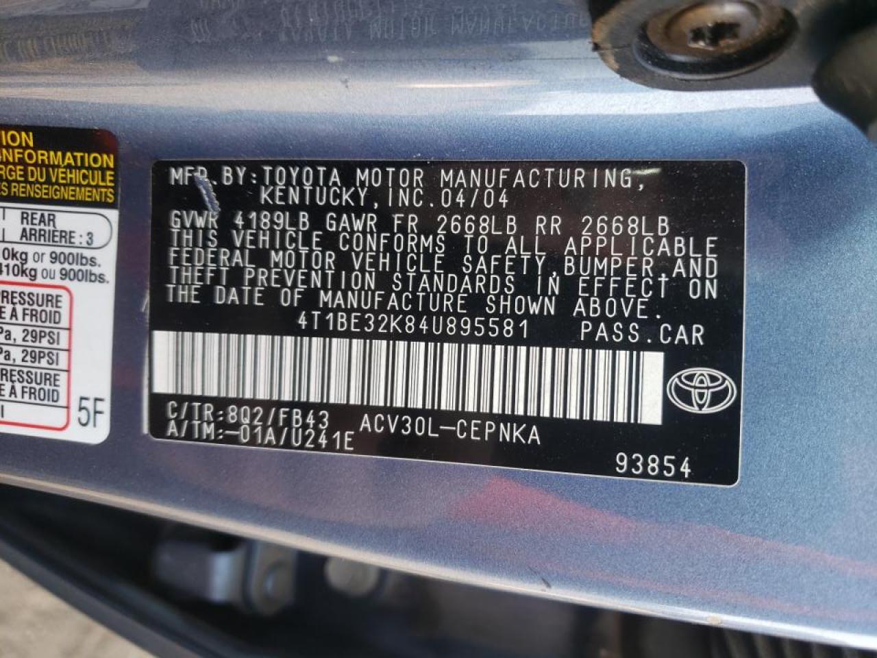 Photo 10 from auction – 2004 TOYOTA CAMRY LE with VIN 4T1BE32K84U895581