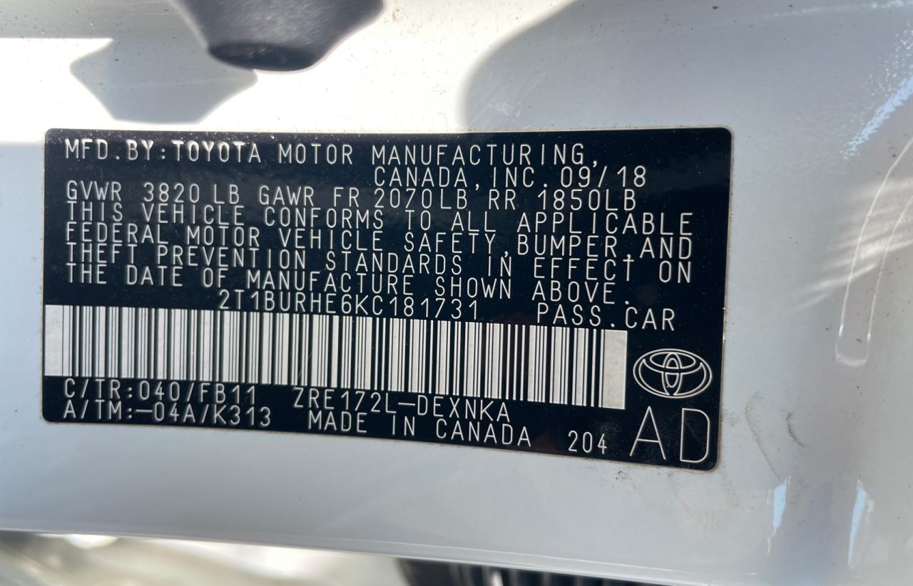Photo 10 from auction – 2019 TOYOTA COROLLA L with VIN 2T1BURHE6KC181731