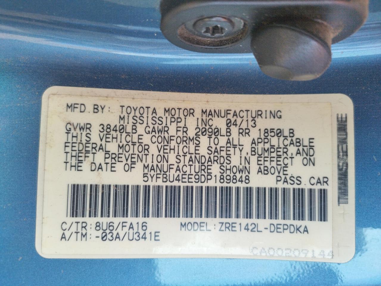 Photo 10 from auction – 2013 TOYOTA COROLLA BA with VIN 5YFBU4EE9DP189848