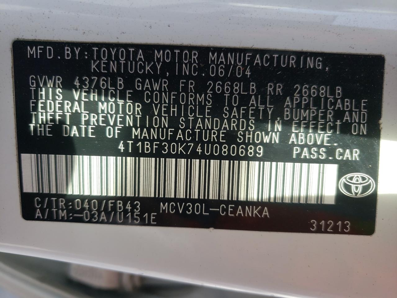 Photo 10 from auction – 2004 TOYOTA CAMRY LE with VIN 4T1BF30K74U080689