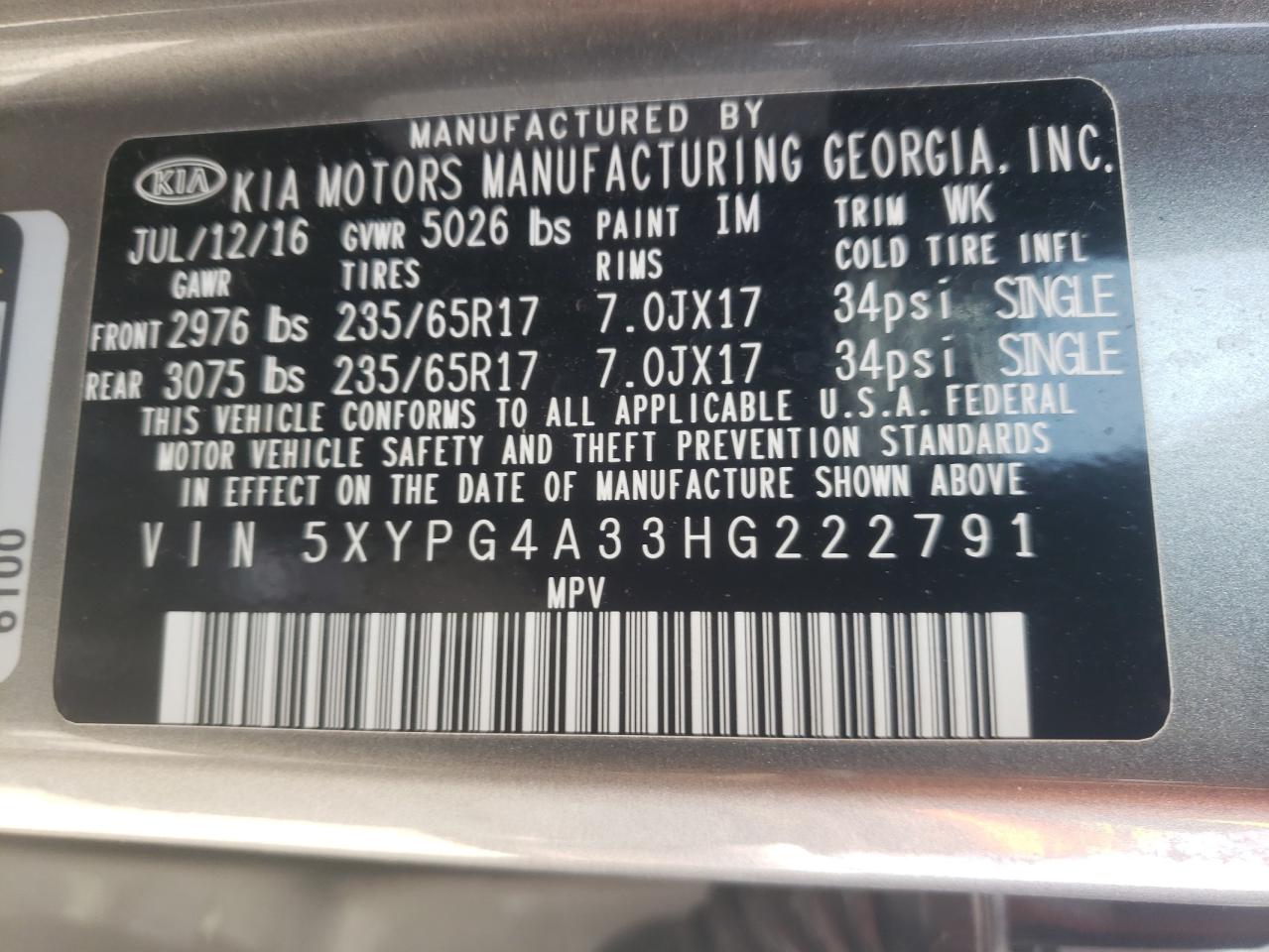 Photo 10 from auction – 2017 KIA SORENTO LX with VIN 5XYPG4A33HG222791