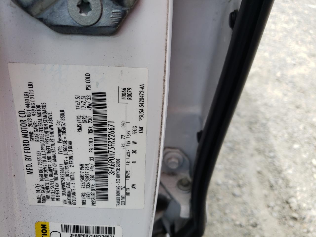 Photo 10 from auction – 2015 FORD FUSION SE with VIN 3FA6P0H75FR226671