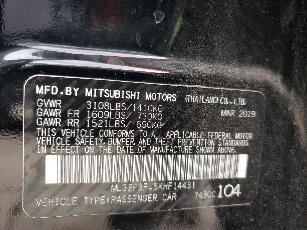 Photo 10 from auction – 2019 MITSUBISHI MIRAGE G4 with VIN ML32F3FJ5KHF14431