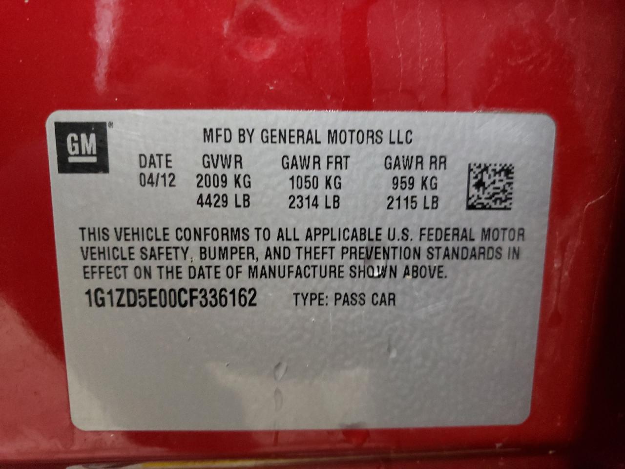 Photo 10 from auction – 2012 CHEVROLET MALIBU 2LT with VIN 1G1ZD5E00CF336162