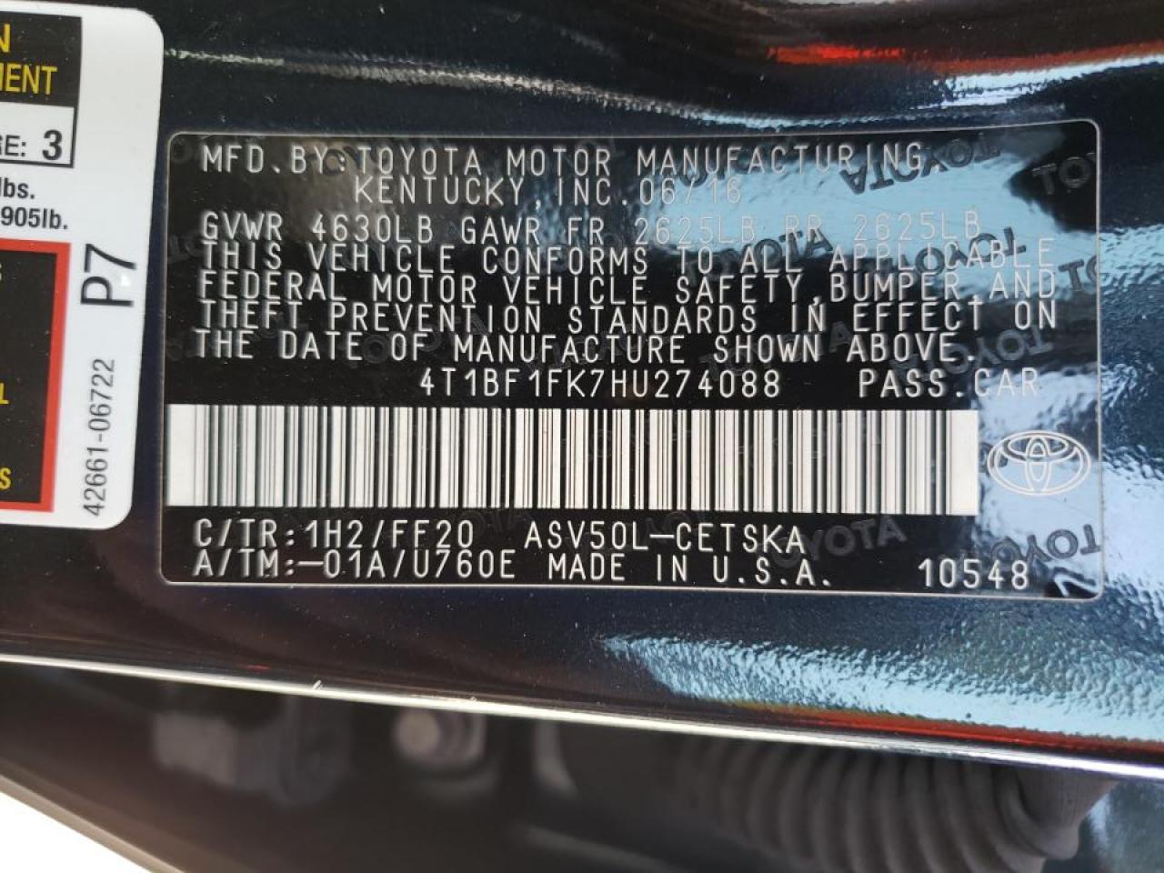 Photo 10 from auction – 2017 TOYOTA CAMRY LE with VIN 4T1BF1FK7HU274088