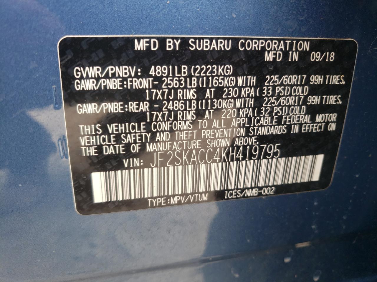 Photo 10 from auction – 2019 SUBARU FORESTER with VIN JF2SKACC4KH419795