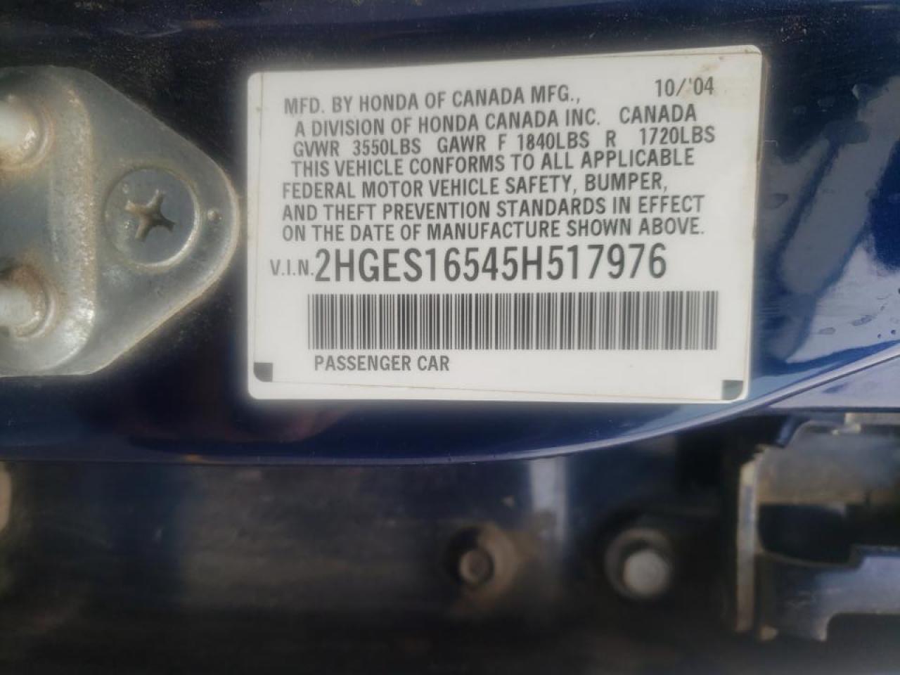 Photo 10 from auction – 2005 HONDA CIVIC LX with VIN 2HGES16545H517976