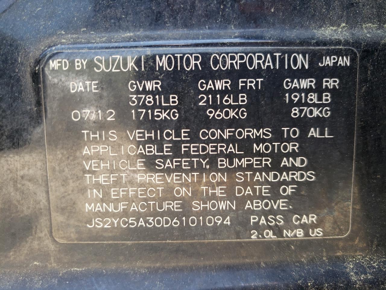 Photo 10 from auction – 2013 SUZUKI SX4 LE with VIN JS2YC5A30D6101094