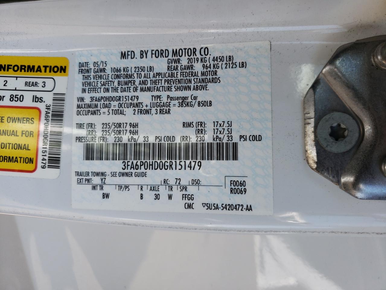 Photo 10 from auction – 2016 FORD FUSION SE with VIN 3FA6P0HD0GR151479