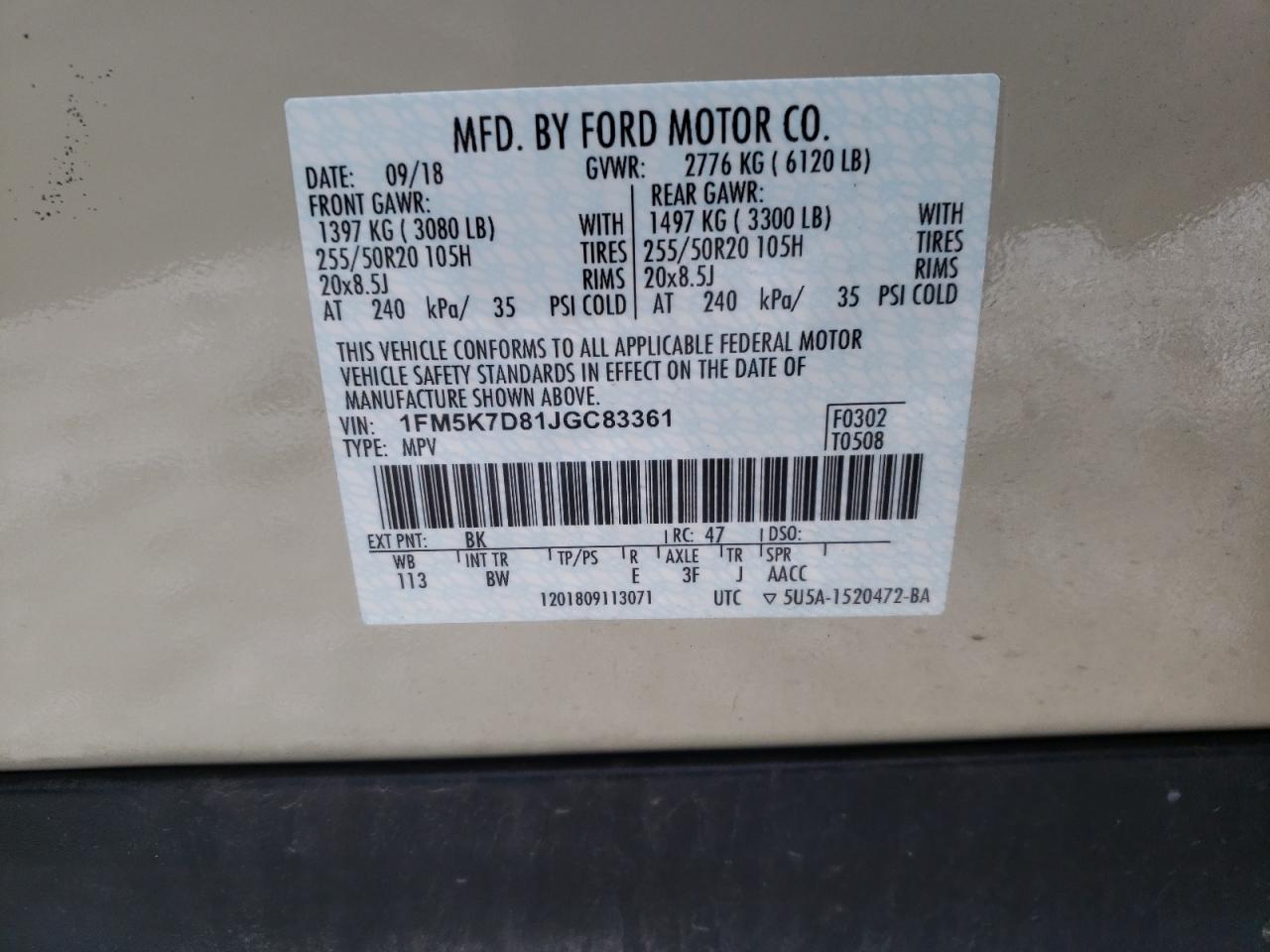 Photo 10 from auction – 2018 FORD EXPLORER X with VIN 1FM5K7D81JGC83361