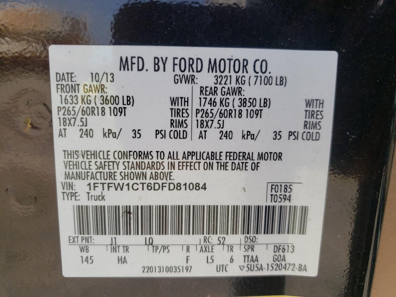 Photo 10 from auction – 2013 FORD F150 SUPER with VIN 1FTFW1CT6DFD81084