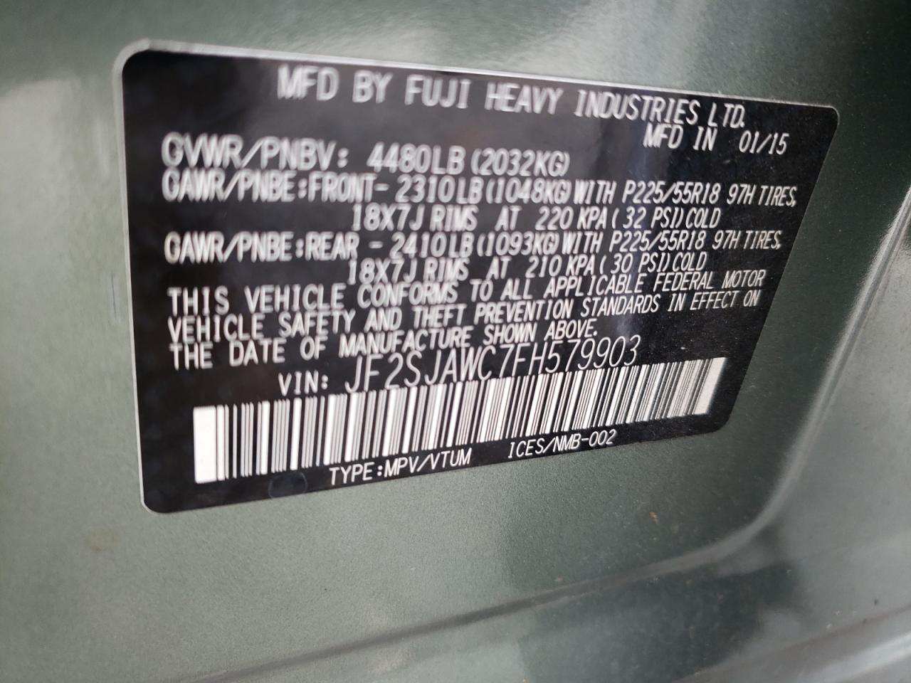 Photo 10 from auction – 2015 SUBARU FORESTER 2 with VIN JF2SJAWC7FH579903