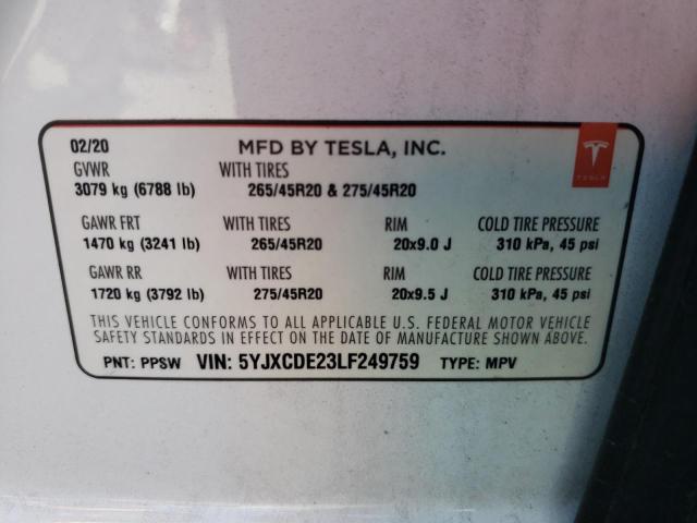 Photo 10 from auction – 2020 TESLA MODEL X with VIN 5YJXCDE23LF249759
