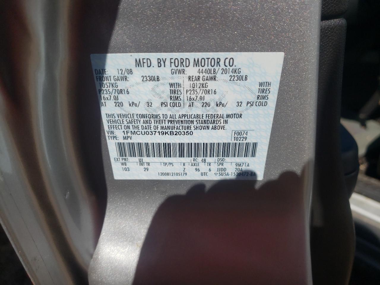Photo 10 from auction – 2009 FORD ESCAPE XLT with VIN 1FMCU03719KB20350