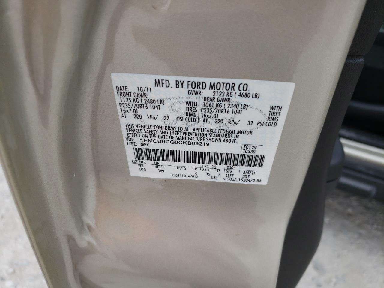 Photo 10 from auction – 2012 FORD ESCAPE XLT with VIN 1FMCU9DG0CKB09219