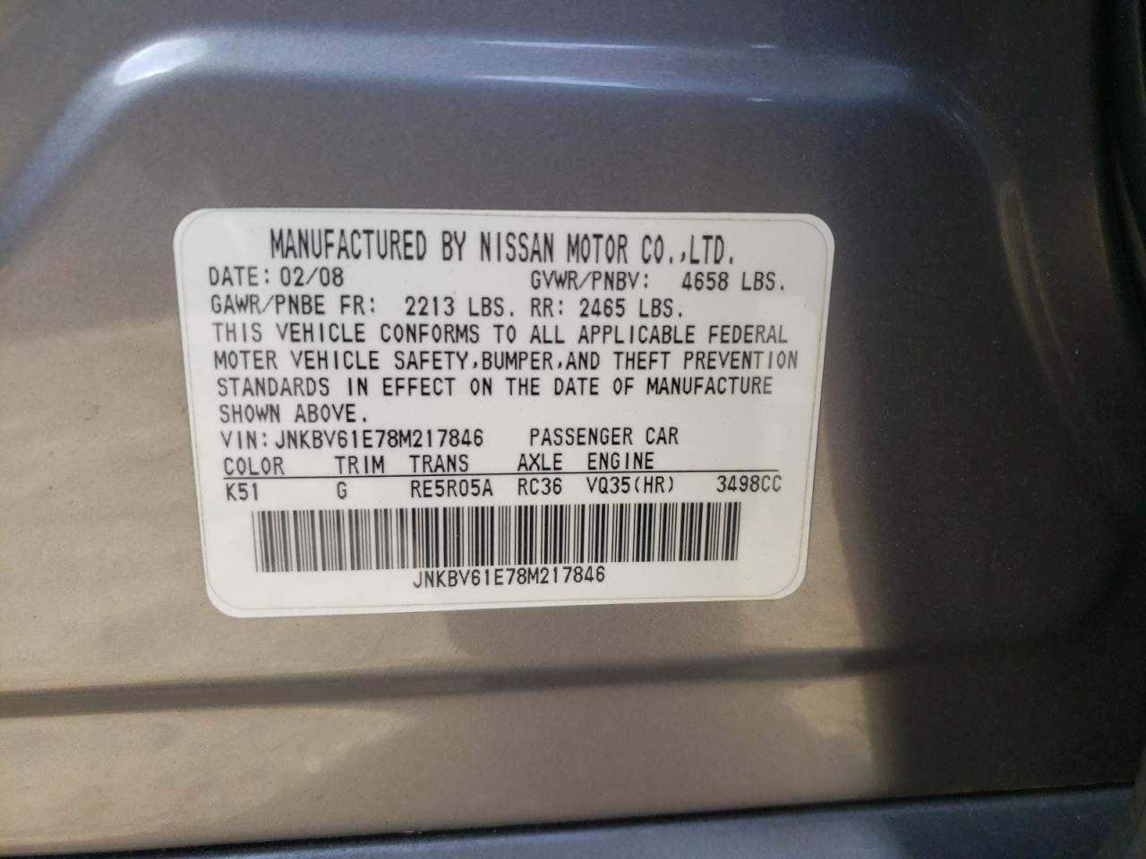 Photo 10 from auction – 2008 INFINITI G35 with VIN JNKBV61E78M217846