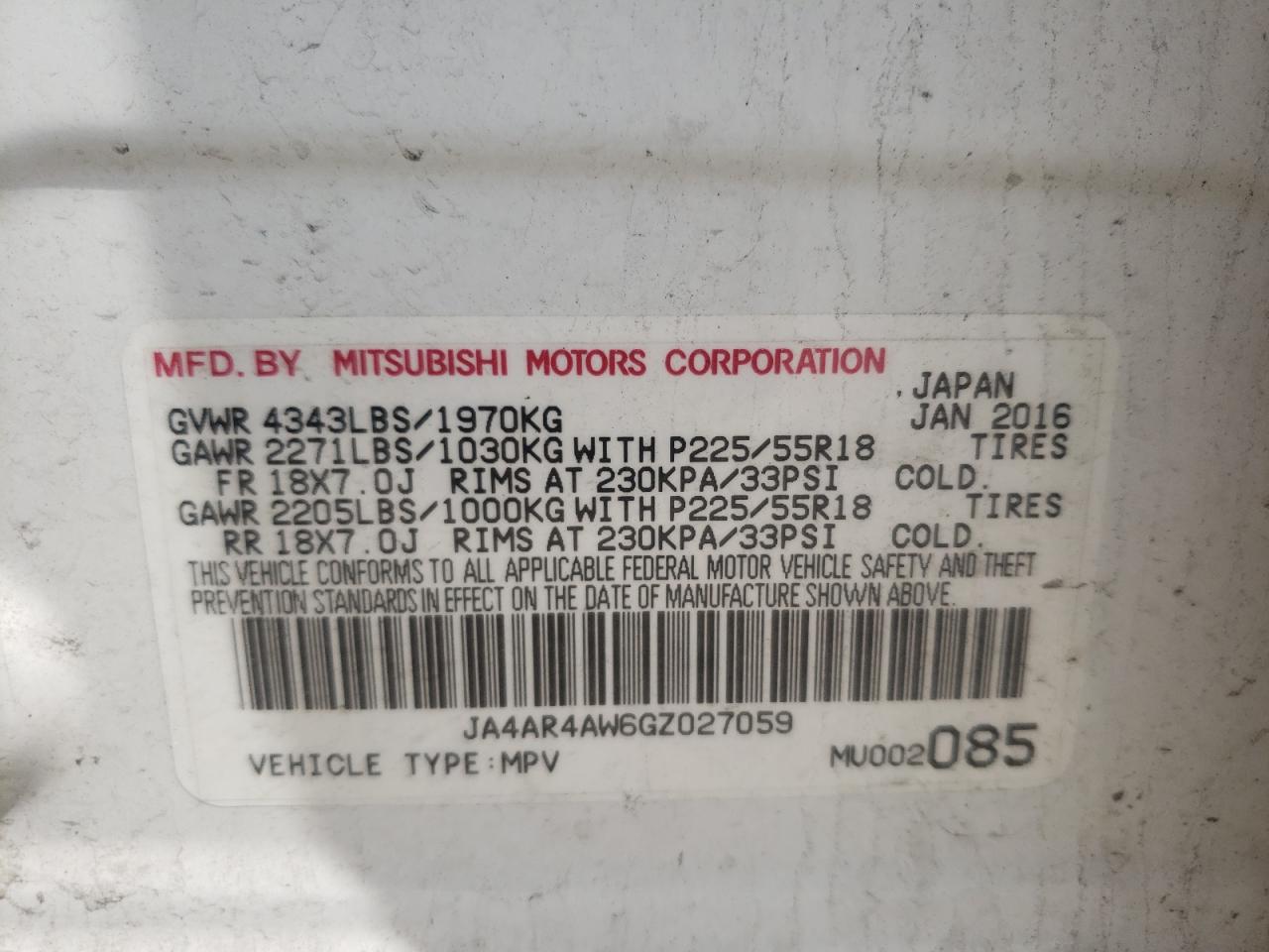 Photo 10 from auction – 2016 MITSUBISHI OUTLANDER with VIN JA4AR4AW6GZ027059