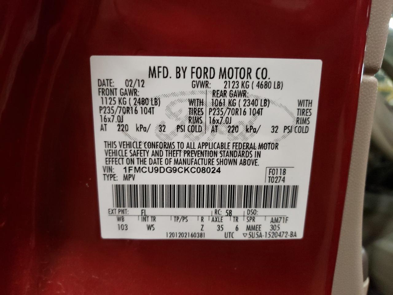Photo 10 from auction – 2012 FORD ESCAPE XLT with VIN 1FMCU9DG9CKC08024