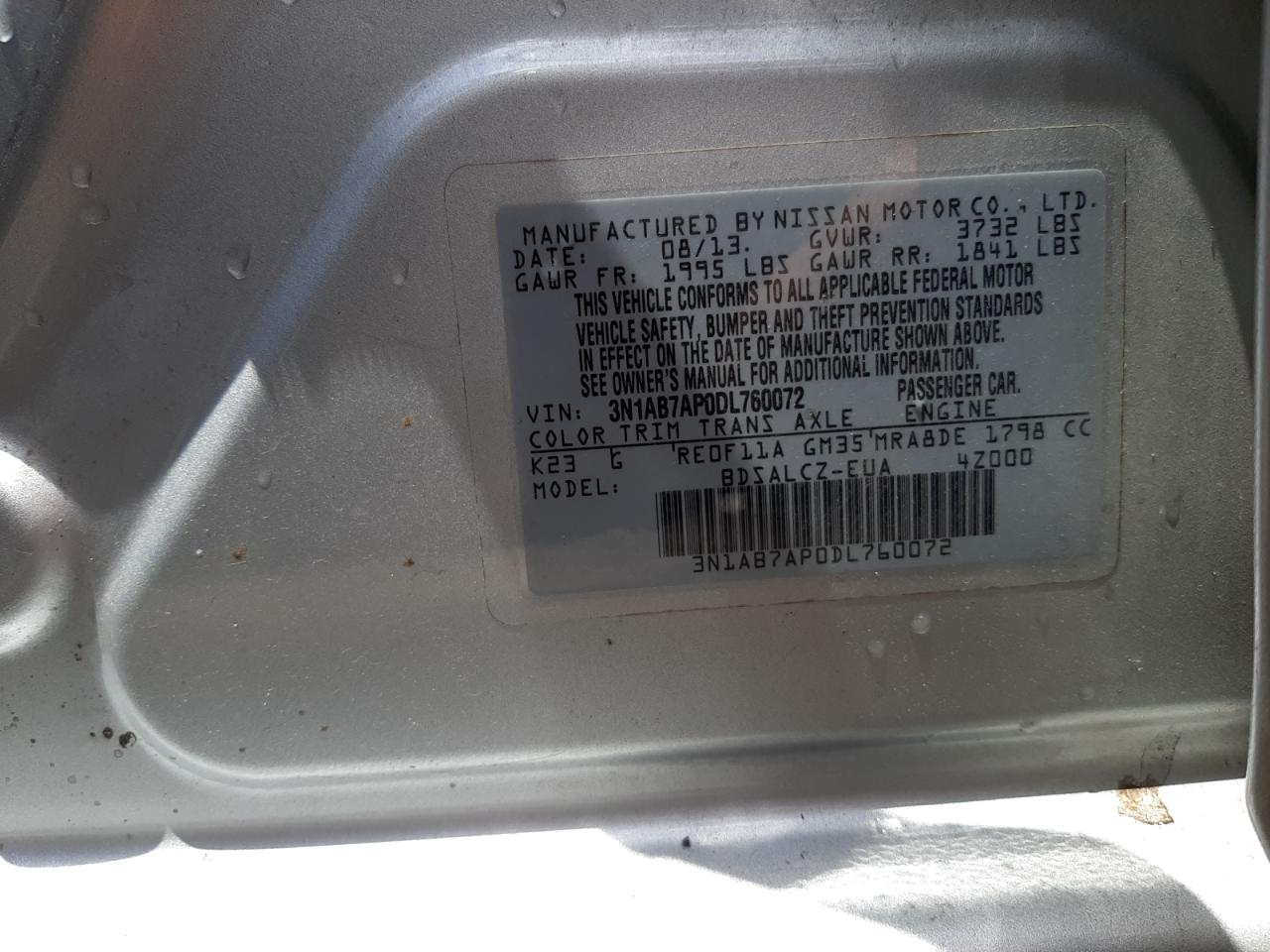 Photo 10 from auction – 2013 NISSAN SENTRA S with VIN 3N1AB7AP0DL760072