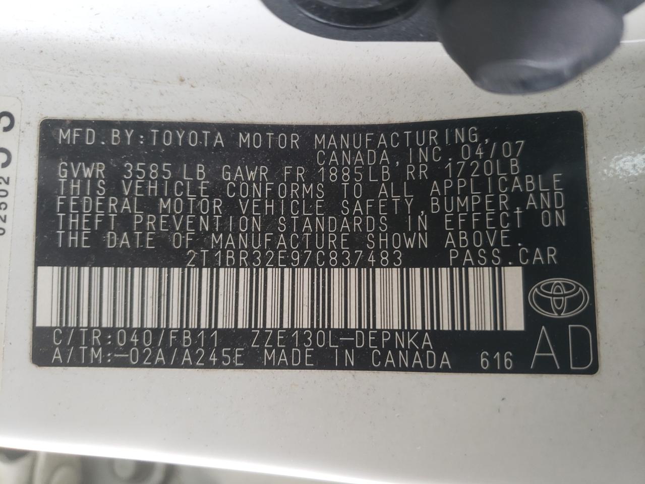 Photo 10 from auction – 2007 TOYOTA COROLLA CE with VIN 2T1BR32E97C837483