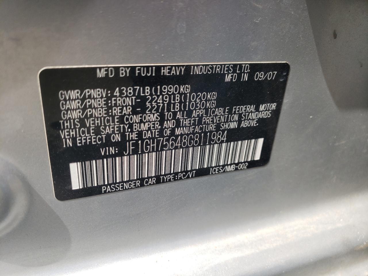 Photo 10 from auction – 2008 SUBARU IMPREZA WR with VIN JF1GH75648G811984