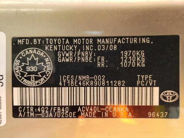 Photo 10 from auction – 2009 TOYOTA CAMRY BASE with VIN 4T1BE46K89U811282