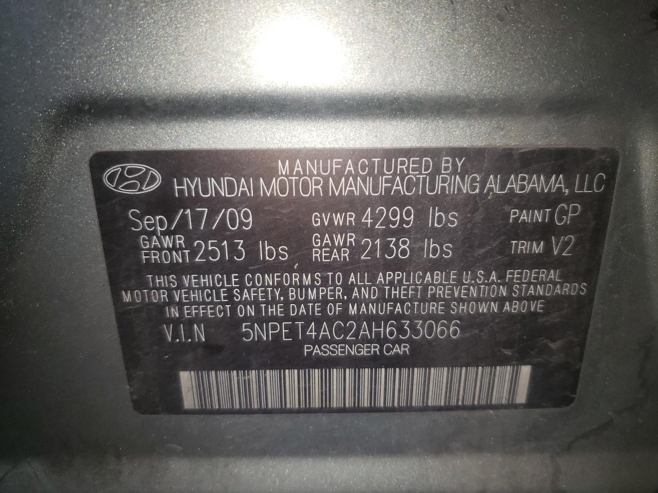 Photo 10 from auction – 2010 HYUNDAI SONATA GLS with VIN 5NPET4AC2AH633066