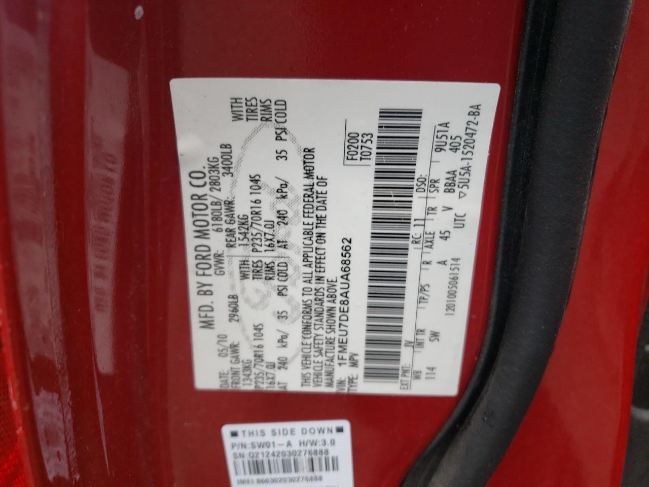 Photo 10 from auction – 2010 FORD EXPLORER X with VIN 1FMEU7DE8AUA68562