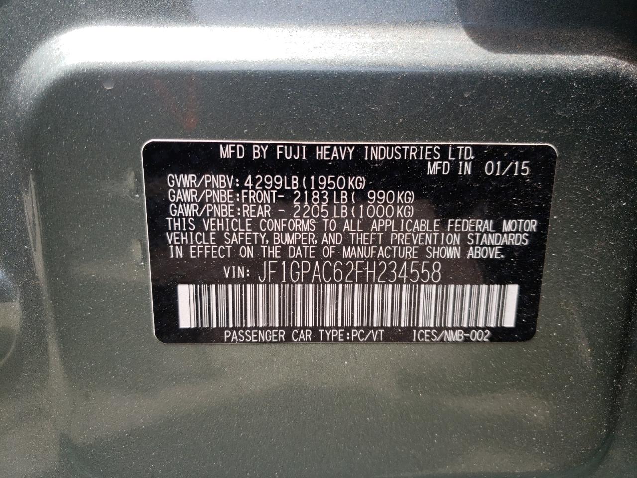 Photo 10 from auction – 2015 SUBARU IMPREZA PR with VIN JF1GPAC62FH234558