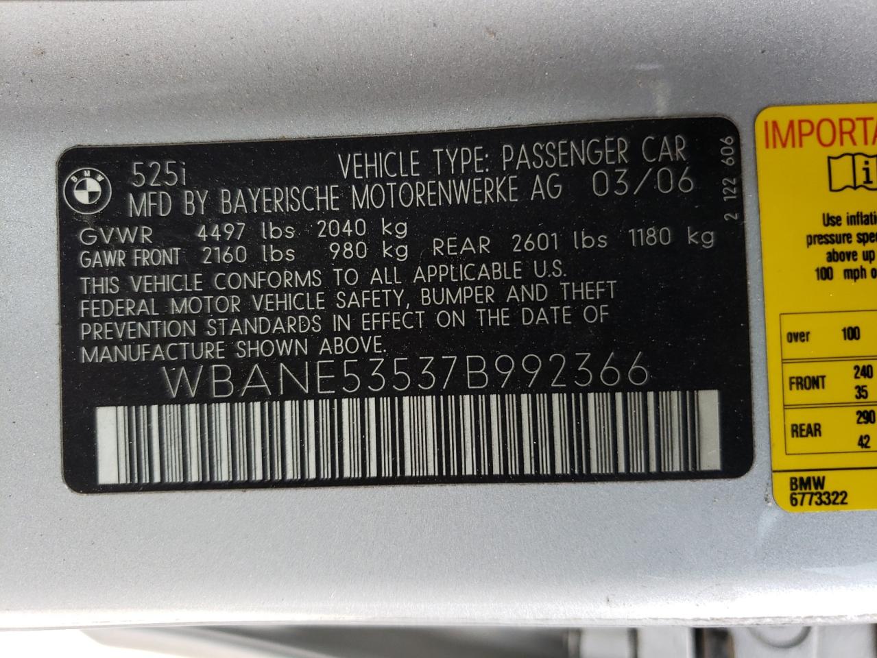 Photo 10 from auction – 2007 BMW 525 I with VIN WBANE53537B992366