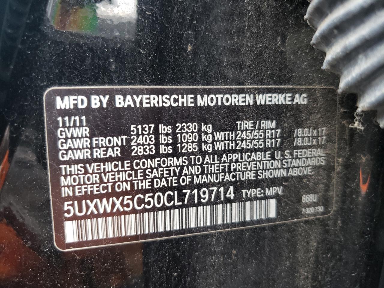 Photo 10 from auction – 2012 BMW X3 XDRIVE2 with VIN 5UXWX5C50CL719714