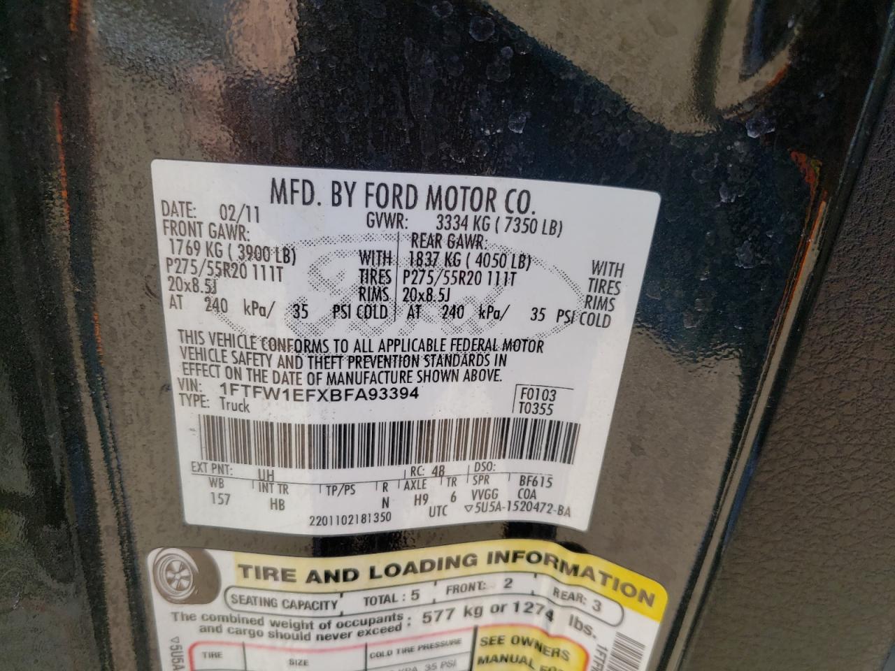 Photo 10 from auction – 2011 FORD F150 SUPER with VIN 1FTFW1EFXBFA93394