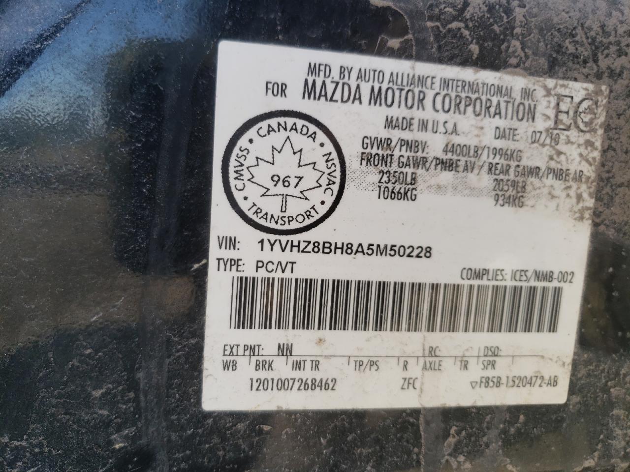 Photo 10 from auction – 2010 MAZDA 6 I with VIN 1YVHZ8BH8A5M50228