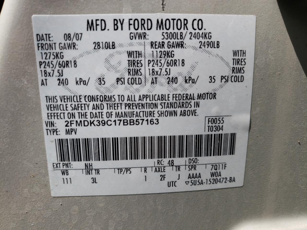 Photo 10 from auction – 2007 FORD EDGE SEL P with VIN 2FMDK39C17BB57163