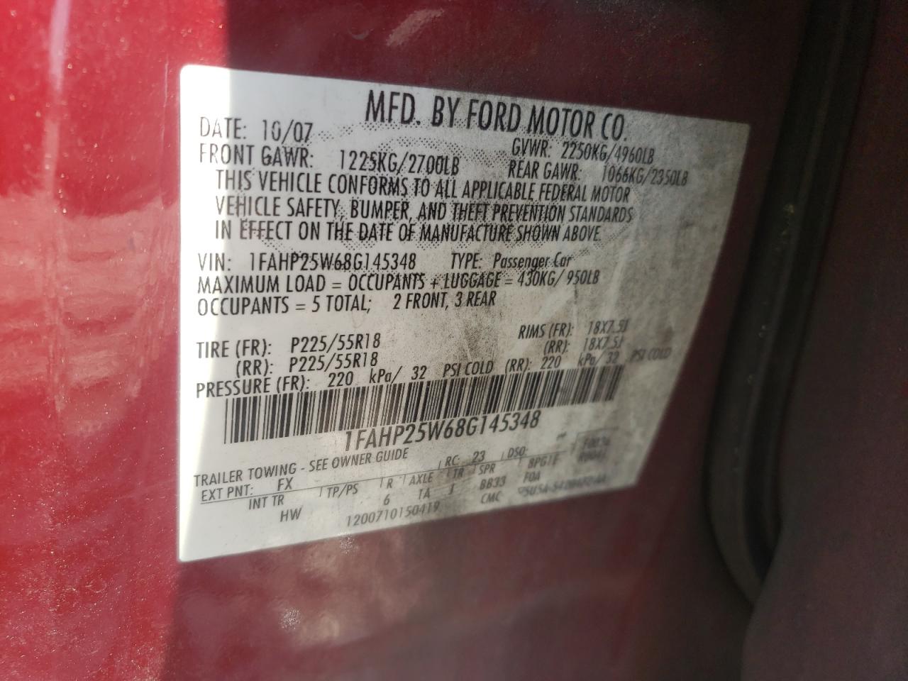 Photo 10 from auction – 2008 FORD TAURUS LIM with VIN 1FAHP25W68G145348
