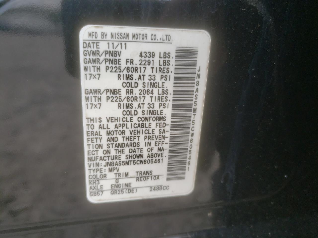 Photo 10 from auction – 2012 NISSAN ROGUE S with VIN JN8AS5MT5CW605461