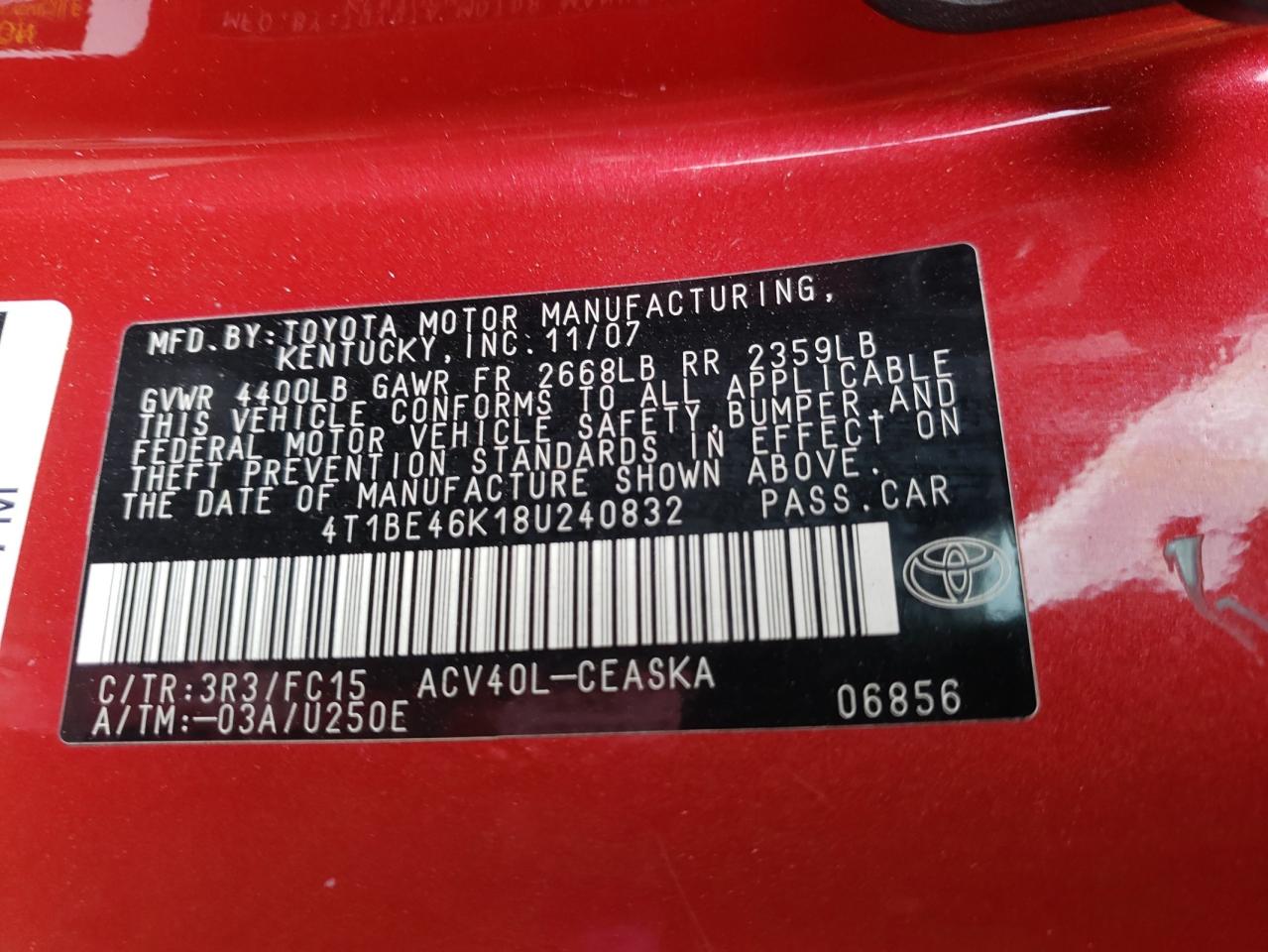 Photo 10 from auction – 2008 TOYOTA CAMERY with VIN 4T1BE46K18U240832