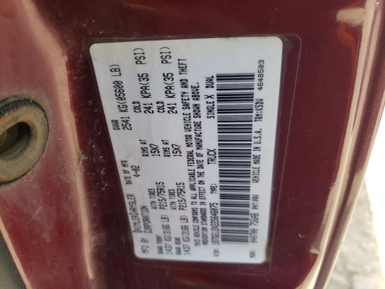 Photo 10 from auction – 2002 DODGE DAKOTA BAS with VIN 1B7GG12X22S646075