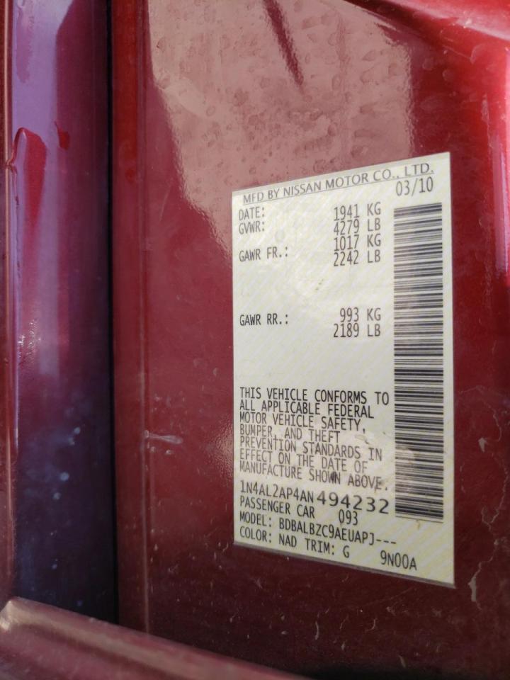 Photo 10 from auction – 2010 NISSAN ALTIMA BAS with VIN 1N4AL2AP4AN494232