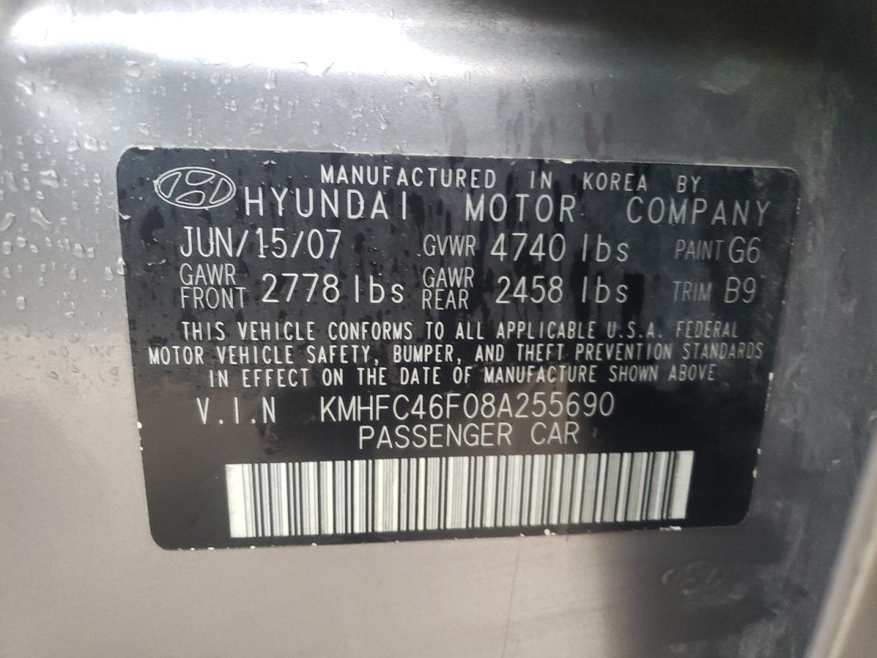 Photo 10 from auction – 2008 HYUNDAI AZERA SE with VIN KMHFC46F08A255690