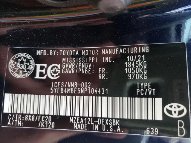 Photo 10 from auction – 2022 TOYOTA COROLLA SE with VIN 5YFB4MBE5NP104431