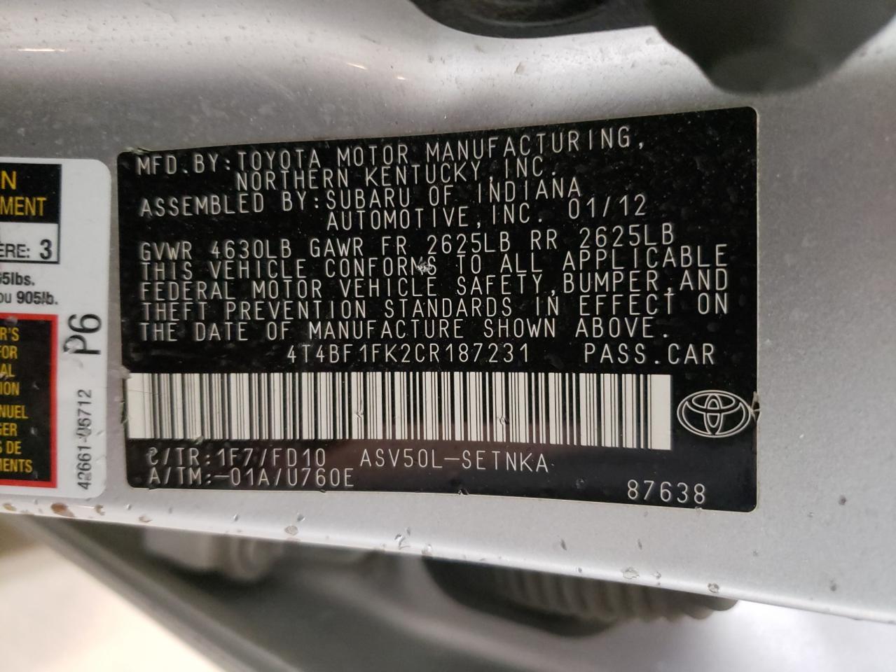 Photo 10 from auction – 2012 TOYOTA CAMRY BASE with VIN 4T4BF1FK2CR187231