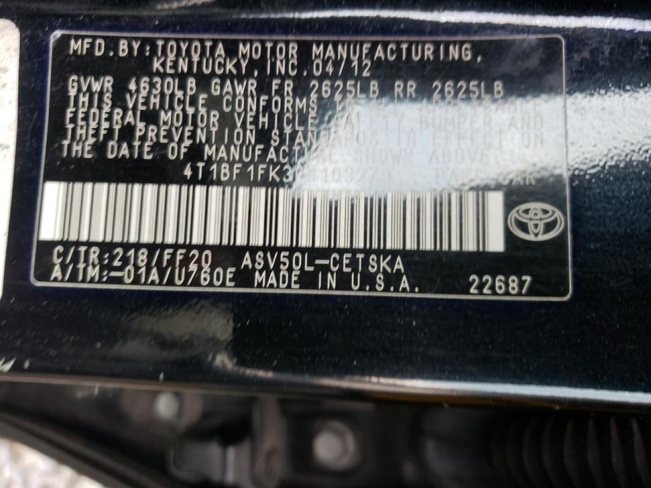 Photo 10 from auction – 2012 TOYOTA CAMRY BASE with VIN 4T1BF1FK3CU103279