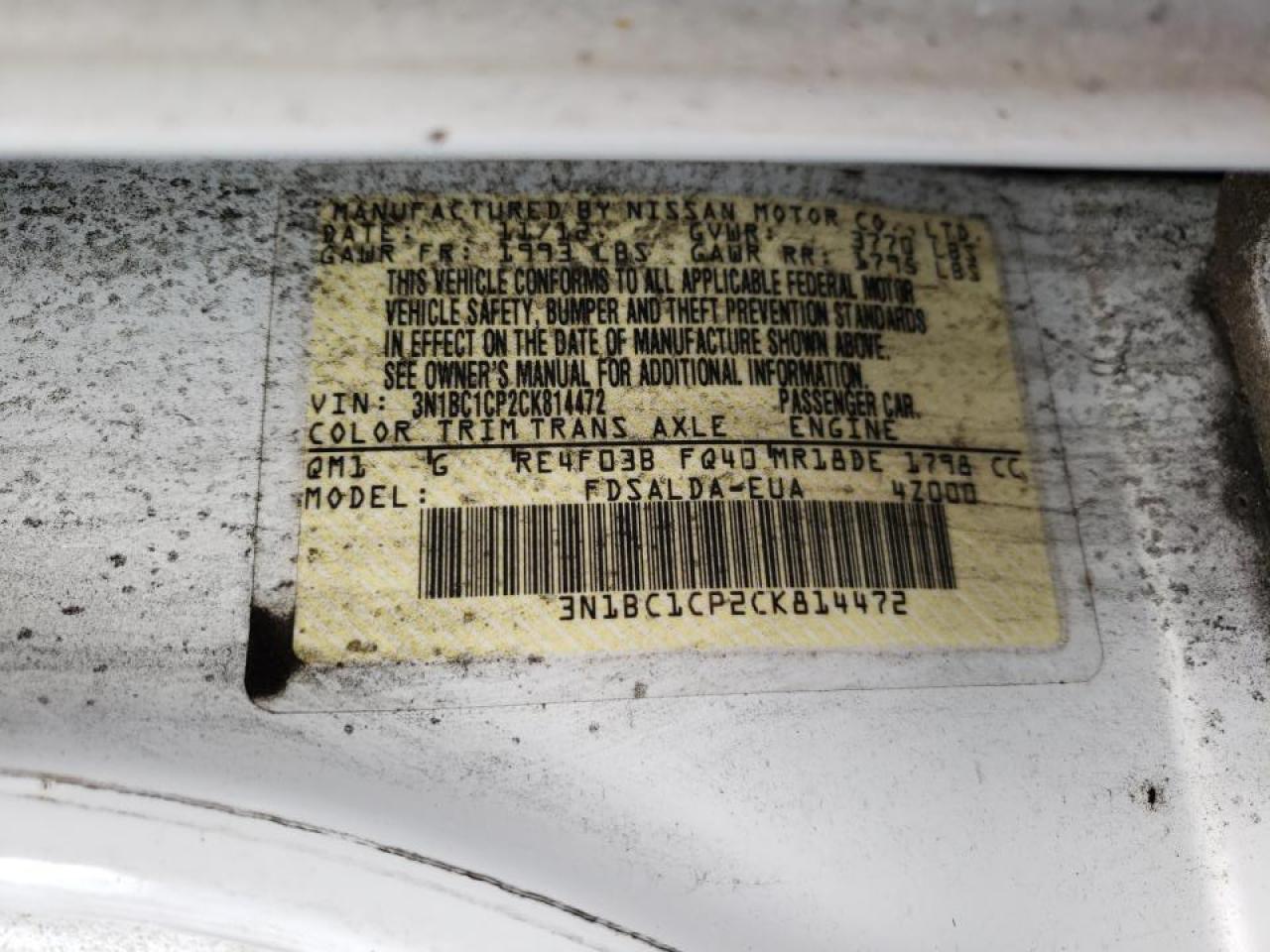 Photo 10 from auction – 2012 NISSAN VERSA S with VIN 3N1BC1CP2CK814472